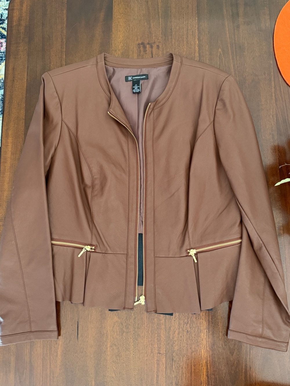 INC Brown Faux Leather Zip-Front Jacket with Gold Zippers